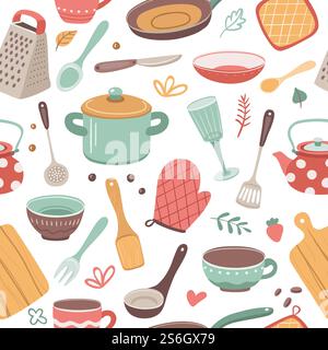 Kitchen pattern. Utensil, scandinavian cooking background. Kitchenware, kettle ceramic crockery. Catering textile vector seamless texture. Culinary ceramic accessory endless repetition illustration. Kitchen pattern. Utensil, scandinavian cooking background. Kitchenware, kettle ceramic crockery. Catering textile vector seamless texture Stock Vector