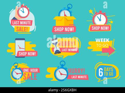 Hot offer badges. Countdown promotional deals 24 hour sales vector advertising stamp templates. Badge special shopping countdown, discount label sticker illustration. Hot offer badges. Countdown promotional deals 24 hour sales vector advertising stamp templates Stock Vector