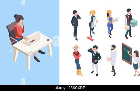 Isometric professions. 3d people service workers business persons male female vector illustration. Business service professional, people worker isometric, workman builder, profession handyman. Isometric professions. 3d people service workers business persons male female vector illustrations Stock Vector