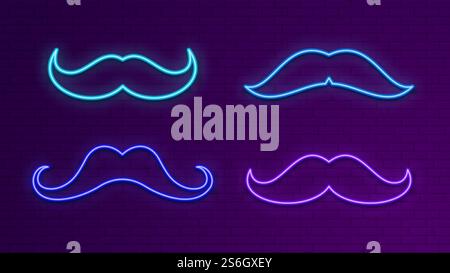 Neon bright signboards. Blue light mustache. Glow male symbol for bar, dance club, shop. Electric outside banner vector set. Illustration mustache neon, hipster moustache, gentleman contour element. Neon bright signboards. Blue light mustache. Glow male symbol for bar, dance club, shop. Electric outside banner vector set Stock Vector