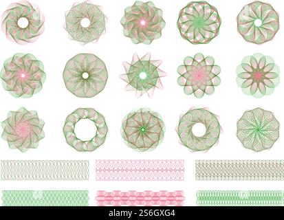 Guilloche collection. Engraving security watermarks shapes for documents certificates and banknotes symmetrical vector forms. Watermark voucher, guilloche ornament certificate illustration. Guilloche collection. Engraving security watermarks shapes for documents certificates and banknotes symmetrical vector forms Stock Vector