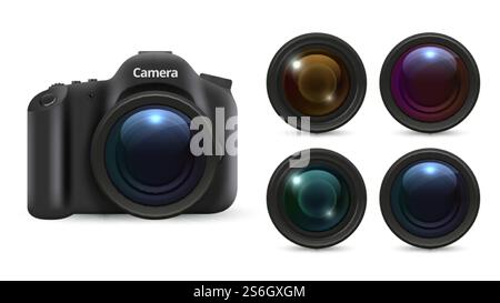 Realistic photo camera. 3D lenses isolated on white background. Photographic equipment vector set. Realistic camera lens, professional digital photography illustration. Realistic photo camera. 3D lenses isolated on white background. Photographic equipment vector set Stock Vector
