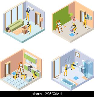 Repair isometric. Renovate floor painting walls repair bathroom house rooms vector illustrations people. Isometric remodeling and renovation, painting and tile. Repair isometric. Renovate floor painting walls repair bathroom house rooms vector illustrations people Stock Vector