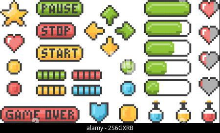 Pixel game icon. Ui web bars and buttons for 8 bit console vector retro elements. Game interface, bright gui 8-bit illustration. Pixel game icon. Ui web bars and buttons for 8 bit console vector retro elements Stock Vector