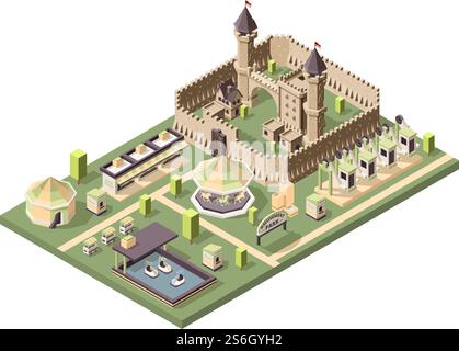 Amusment park. Isometric attractions with medieval castle circus ferris wheel and roller coaster vector fun landscape. Amusement park, carousel and castle isometric. Amusment park. Isometric attractions with medieval castle circus ferris wheel and roller coaster vector fun landscape Stock Vector