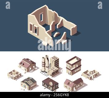 Broken houses. Isometric set of abandoned buildings real estate broken destroy windows ruins town vector set. Building architecture factory, broken town illustration. Broken houses. Isometric set of abandoned buildings real estate broken destroy windows ruins town vector set Stock Vector