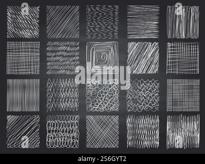 Hatching textures. Pencil sketching shading grunge effect vector patterns collection. Art scratch stripe, chaotic pencil doodle scribble illustration. Hatching textures. Pencil sketching shading grunge effect vector patterns collection Stock Vector