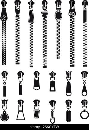 Zipper silhouettes. Textile zip pull, isolated clothes closure locks. Fashion pulling buckle, tailoring pants vector set. Zip fastener clothing, zippered, connection silhouette zipper illustration. Zipper silhouettes. Textile zip pull, isolated clothes closure locks. Fashion black pulling buckle, tailoring pants accessories vector set Stock Vector