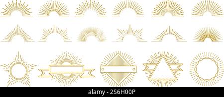 Vintage gold sunburst. Circle lines decorations, sunrise graphic elements. Hipster sunburst icons. Isolated retro badges with radiant star rays vector set. Illustration sunburst and sunshine shape. Vintage gold sunburst. Circle lines decorations, sunrise graphic elements. Hipster sunburst icons. Isolated retro badges with radiant star rays vector set Stock Vector