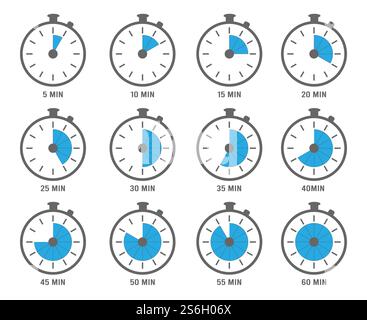 Clock symbols. Timers minutes and hours circle graph objects 5, 10 and 20 min vectors. Clock with seconds and minutes illustration. Clock symbols. Timers minutes and hours circle graph objects 5, 10 and 20 min vectors Stock Vector