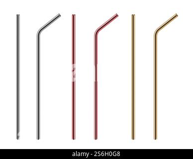 Metal straws. Reusable steel straw, stainless bars. Isolated realistic eco pipe for different drinks vector set. Straw metal reusable, tube steel pipe for drinking illustration. Metal straws. Reusable steel straw, stainless bars. Isolated realistic eco pipe for different drinks vector set Stock Vector