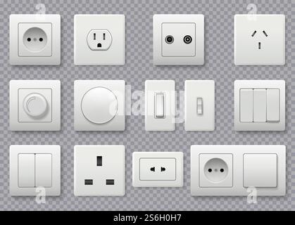 Wall switch. Power electrical socket different modern round switches vector realistic collection. Power electricity, outlet european and american illustration. Wall switch. Power electrical socket different modern round switches vector realistic collection Stock Vector
