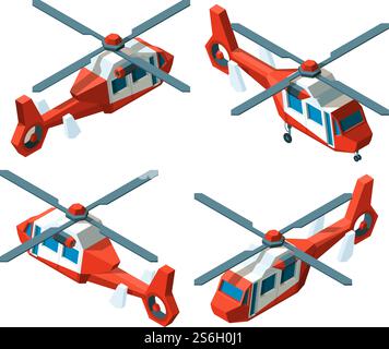 Helicopter isometric. Low poly avia transport different point views vector collection. Illustration helicopter transportation, fly machine isometry. Helicopter isometric. Low poly avia transport different point views vector collection Stock Vector