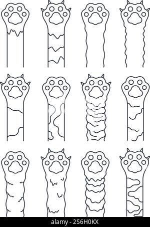 Cat paws. Sketch line pets, simple fun kitten footprints. Doodle animal foot with claws icons. Cute tiger leg silhouette vector illustration. Footprint cat sketch, doodle pattern, predator danger line. Cat paws. Sketch line pets, simple fun kitten footprints. Doodle animal foot with claws icons. Cute tiger leg silhouette vector illustration Stock Vector