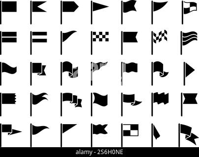 Flag black symbols. Start sport flags marking maps gps icons pennant collection vector set. Flag white black emblem, rally and race flagpole illustration. Flag black symbols. Start sport flags marking maps gps icons pennant collection vector set Stock Vector
