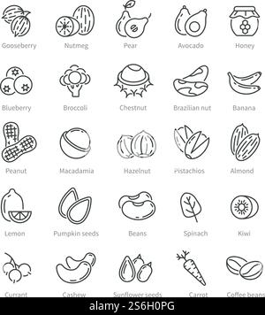 Super food icons. Berries nuts beans ingredients. Diet and detox healthy fruits. Organic selection supplements, vegan vector line symbols. Natural food berry and nutrient collection illustration. Super food icons. Berries nuts beans ingredients. Diet and detox healthy fruits. Organic selection supplements, vegan vector line symbols Stock Vector