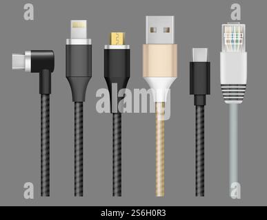 Connector realistic. Cable plug for devices charging and connection mobile wire lightning usb type-c vector set. Usb plug for connection phone, wire or cable connect illustration. Connector realistic. Cable plug for devices charging and connection mobile wire lightning usb type-c vector set Stock Vector