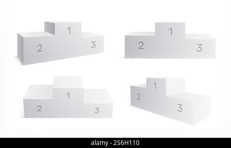 Winner podium. Isolated stairs, prize award pedestals. 3d projections of victory platforms, first place win. White scenes, stand vector set. Award winner, stage podium, pedestal platform illustration. Winner podium. Isolated stairs, prize award pedestals. 3d projections of victory platforms, first place win. White scenes, stand vector set Stock Vector