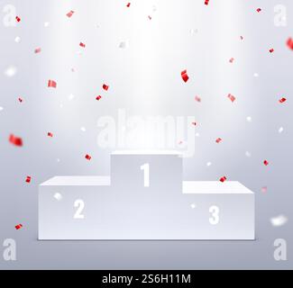 Podium and confetti. Sport pedestal for winners, 3d stairs award. Realistic trophy platform or stand. Celebration victory vector background. Illustration pedestal platform, award competition. Podium and confetti. Sport pedestal for winners, 3d stairs award. Realistic trophy platform or stand. Celebration victory vector background Stock Vector