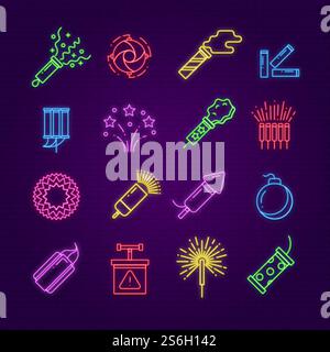 Firework icons. Neon festival dynamite, led party fireworks sign. Glowing festive spark, holiday pyrotechnic line vector elements. Neon firework glowing, celebration festive new year illustration. Firework icons. Neon festival dynamite, led party fireworks sign. Glowing festive spark, holiday pyrotechnic line vector elements Stock Vector