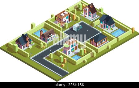 Cottage village isometric. Suburban modern residential houses townhouses in small town with infrastructure vector isometric map. Illustration 3d building isometric, city architecture. Cottage village isometric. Suburban modern residential houses townhouses in small town with infrastructure vector isometric map Stock Vector