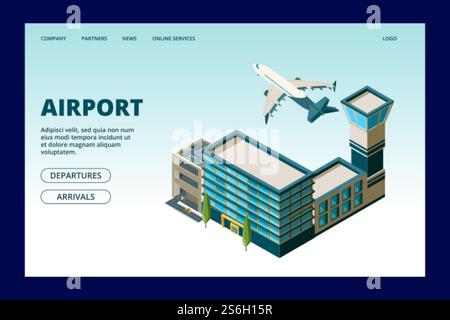 Airport landing page. Departures arrivals info banner. 3D airport terminal and flying plane vector illustration. 3d terminal airport web page with plane. Airport landing page. Departures arrivals info banner. 3D airport terminal and flying plane vector illustration Stock Vector