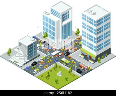 Crossroad jam traffic. Isometric urban transport active movement in jammed city vector 3d buildings busses and cars. Illustration street traffic jam, urban city road. Crossroad jam traffic. Isometric urban transport active movement in jammed city vector 3d buildings busses and cars Stock Vector
