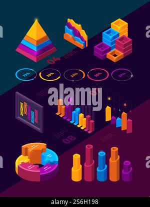 Futuristic business charts. Isometric infographic analysis symbols holographic neon style panels bars and graphs vector ui ellements. Business chart isometric, futuristic graph illustration. Futuristic business charts. Isometric infographic analysis symbols holographic neon style panels bars and graphs vector ui ellements Stock Vector