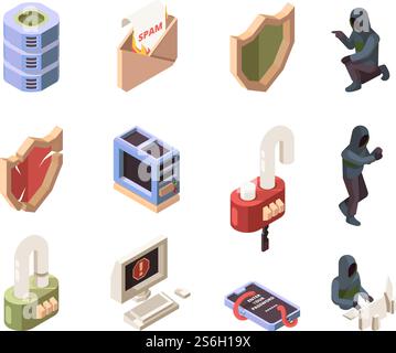 Hacker characters. Computer online network attack cyber padlock digital data protection spam and phishing viruses vector isometric. Attack cyber security, shield and safety protect illustration. Hacker characters. Computer online network attack cyber padlock digital data protection spam and phishing viruses vector isometric Stock Vector