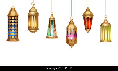 Oriental lamps. Arab lanterns hang on gold chains. Isolated realistic decorative lighting. Ramadan vector banner. Illustration lantern and lamp light muslim. Oriental lamps. Arab lanterns hang on gold chains. Isolated realistic decorative lighting. Ramadan vector banner Stock Vector