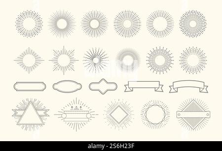 Retro starburst set. Vintage sunburst graphic elements. Sunrise circle line decorations. Badges with rays, decorative label frames vector set. Illustration radial starburst, line graphic sunburst logo. Retro starburst set. Vintage sunburst graphic elements. Sunrise circle line decorations. Badges with rays, decorative label frames vector set Stock Vector