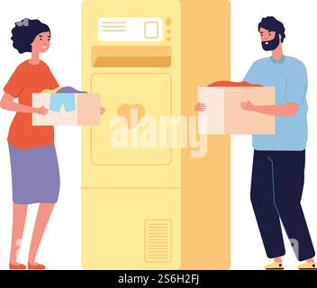 People with donation boxes. Clothes charity bank or recycling bin. Happy man woman donate clothing, isolated volunteers vector illustration. Charity and donation, care goodwill and help. People with donation boxes. Clothes charity bank or recycling bin. Happy man woman donate clothing, isolated volunteers vector illustration Stock Vector