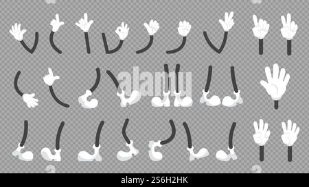 Cartoon comic legs and hands. Cute arm in white gloves and feet in boots or shoes. Isolated gestures characters, animation kit vector illustration. Cartoon foot and footwear part hand and leg. Cartoon comic legs and hands. Simple graphic, cute arm in white gloves and feet in boots or shoes. Isolated different gestures characters, retro animation kit vector illustration Stock Vector