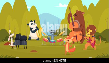 Animals musicians in forest. Music band playing on instruments in the green meadow zoo vocal entertainment voice band vector background. Playing concert in forest, adorable wildlife illustration. Animals musicians in forest. Music band playing on instruments in the green meadow zoo vocal entertainment voice band vector background Stock Vector