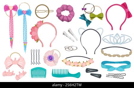 Hair accessories. Woman fashion clips bows hairband elastic ribbons for girls vector cartoon. Illustration scrunchy and headband, comb and hoop decoration. Hair accessories. Woman fashion clips bows hairband elastic ribbons for girls vector cartoon Stock Vector