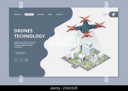 Drones technology. Landing smart city isometric flying digital camera urban landscape vector web layout. Illustration isometric drone with camera and innovation city. Drones technology. Landing smart city isometric flying digital camera urban landscape vector web layout Stock Vector