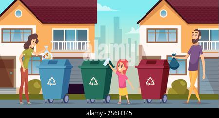 Garbage recycling. Waste separation people protect nature container for garbage vector cartoon background. Garbage and waste, rubbish and trash illustration. Garbage recycling. Waste separation people protect nature container for garbage vector cartoon background Stock Vector