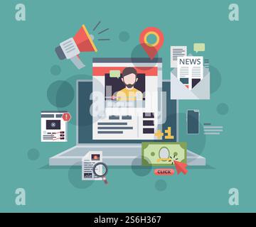 Web blogging. Monitor with content marketing symbols on screen promote blog website digital technologies management strategy vector concept. Illustration web content blog, video media. Web blogging. Monitor with content marketing symbols on screen promote blog website digital technologies management strategy vector concept Stock Vector