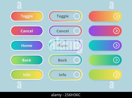 Gradient buttons. Web ui elements colored template vector action buttons set. Toggle and cancel buttons, kit menu glowing illustration. Gradient buttons. Web ui elements colored template vector action buttons set Stock Vector