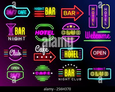 Neon glow hotel. Night advertising retro signboards new york or vegas style vintage frames club banners vector. Light night motel billboard, neon signboard hotel illustration. Neon glow hotel. Night advertising retro signboards new york or vegas style vintage frames club banners vector Stock Vector