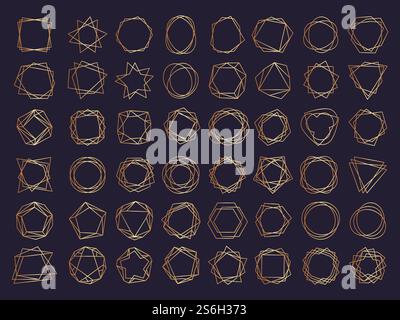 Geometric frames set. Polygon shapes and borders creative lined abstract stylized forms triangles vector set. Geometric diamond shape line, frame hexagon and circle golden linear illustration. Geometric frames set. Polygon shapes and borders creative lined abstract stylized forms triangles vector set Stock Vector