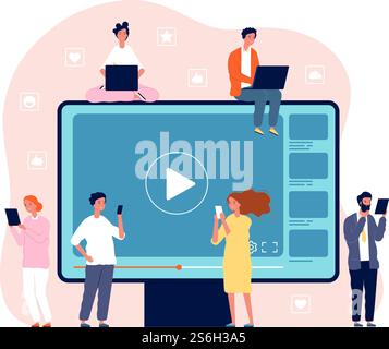 People watching video. Digital network television live stream entertainment media vector video player concept picture. Movie internet media, video stream illustration. People watching video. Digital network television live stream entertainment media vector video player concept picture Stock Vector