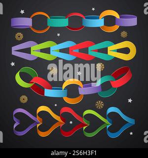 Paper chains. Colored decoration links for christmas event vector templates. Chain christmas link handmade, paper garland to party illustration. Paper chains. Colored decoration links for christmas event vector templates Stock Vector