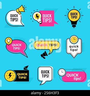 Quick tips. Graphic outline shapes tricks for remind text notes or badges vector set. Illustration quick tips, badge advice suggestion. Quick tips. Graphic outline shapes tricks for remind text notes or badges vector set Stock Vector