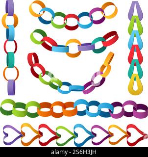Paper decoration chains. Colored christmas party elements vector set. Illustration christmas holiday chain decor hand made. Paper decoration chains. Colored christmas party elements vector set Stock Vector