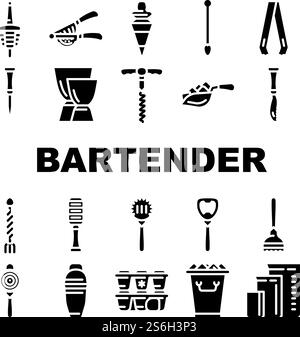 Bartender Accessory Collection Icons Set Vector. Bar Spoon And Grater, Juicer And Ice Breaker, Cocktail Shaker And Jiggers Bartender Tools Glyph Pictograms Black Illustrations. Bartender Accessory Collection Icons Set Vector Stock Vector