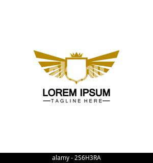 Golden winged shield with crown logo / heraldry symbol isolated white background Stock Vector