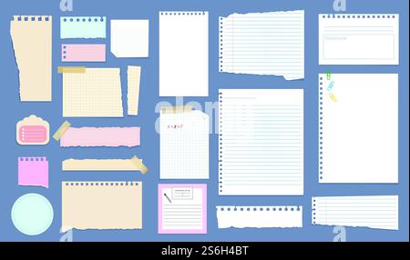 Paper notes. Copybook linear pages lists of notebooks different sizes stripped notes vector. Sheet paper stationery, checkered note page, notepaper different illustration. Paper notes. Copybook linear pages lists of notebooks different sizes stripped notes vector Stock Vector