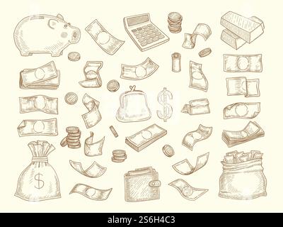 Finance doodle. Money and business elements corporate objects coins dollars charts moneybox vector illustrations. Finance banking currency, earning cash money. Finance doodle. Money and business elements corporate objects coins dollars charts moneybox vector illustrations Stock Vector