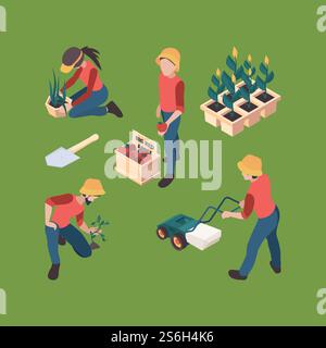 Farmers isometric. Gardeners people farmed professional outdoor working farm vector characters agriculture set. Agriculture and farming, isometric farm garden, farmland and gardening illustration. Farmers isometric. Gardeners people farmed professional outdoor working farm vector characters agriculture set Stock Vector
